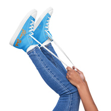 Load image into Gallery viewer, Zapatillas de lona de caña alta para mujer azul cielo profundo letras naranjas
